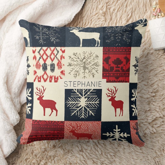 Fair Isle Knitted Patchwork | Holiday Reindeer Cushion (Blanket)