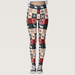 Fair Isle Knitted Patchwork   Holiday Reindeer Leggings