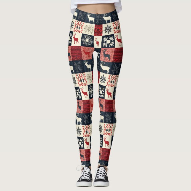 Fair Isle Knitted Patchwork | Holiday Reindeer Leggings (Front)