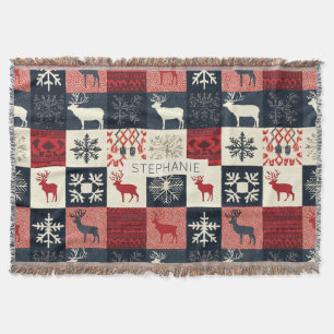 Fair Isle Knitted Patchwork Holiday Reindeer Throw Blanket