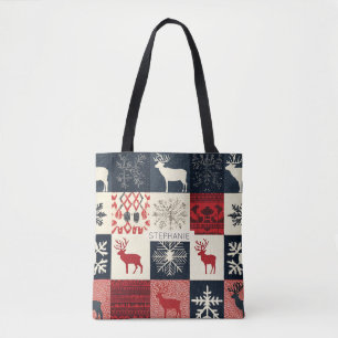 Fair Isle Knitted Patchwork Holiday Reindeer Tote Bag