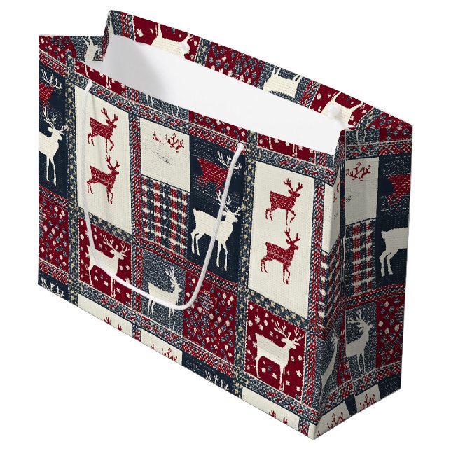 Fair Isle Knitted Patchwork | Rustic Reindeer (2) Large Gift Bag (Front Angled)
