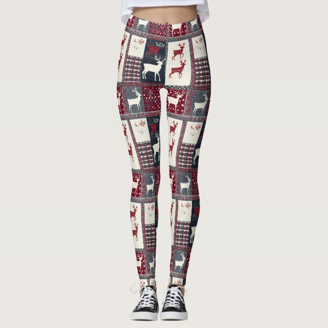 Fair Isle Knitted Patchwork | Rustic Reindeer (2) Leggings (Front)