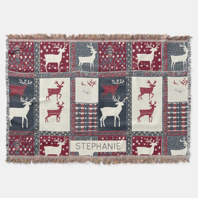 Fair Isle Knitted Patchwork | Rustic Reindeer (2) Throw Blanket (Front)