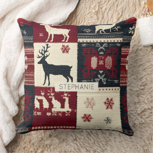Fair Isle Knitted Patchwork   Rustic Reindeer Cushion