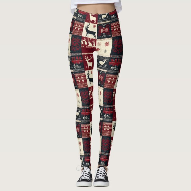 Fair Isle Knitted Patchwork | Rustic Reindeer Leggings (Front)
