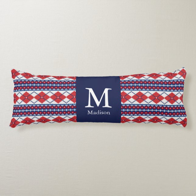 Fair Isle Red and Blue Argyle Monogram Body Cushion (Front)