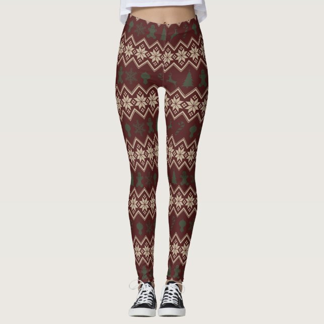 Fair Isle Red and Green Christmas Holiday Leggings (Front)