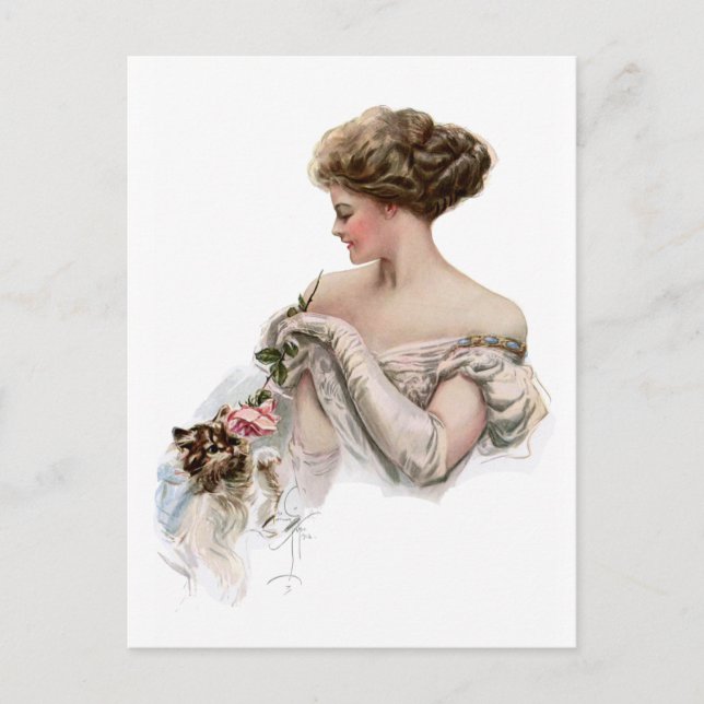 Fair Maiden Teases a Kitten Postcard (Front)