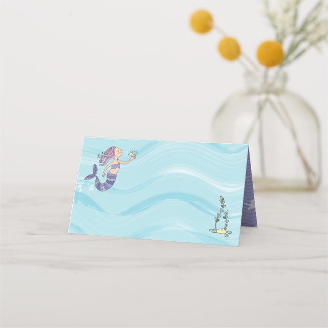 Fair Skin Purple Mermaid Birthday Place Card (Front)