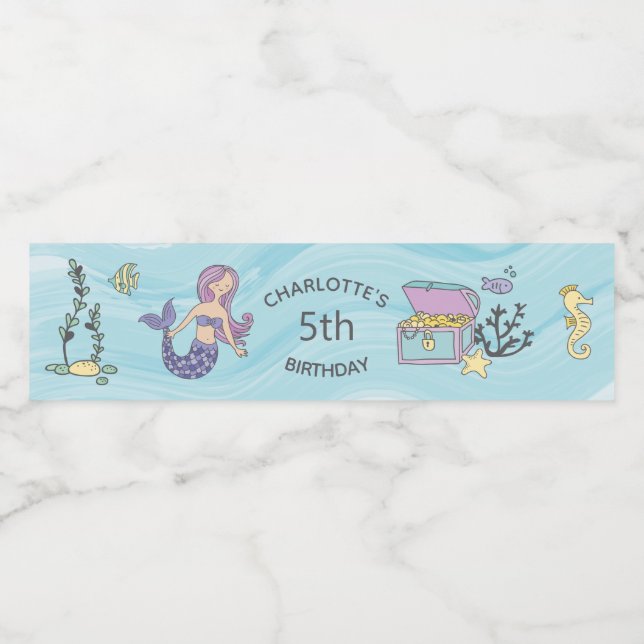 Fair Skin Purple Mermaid Birthday Water Bottle Label (Single Label)