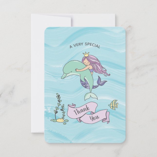 Fair Skin Purple Mermaid with Dolphin Thank You Card (Front)