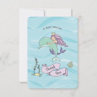 Fair Skin Purple Mermaid with Dolphin Thank You Card