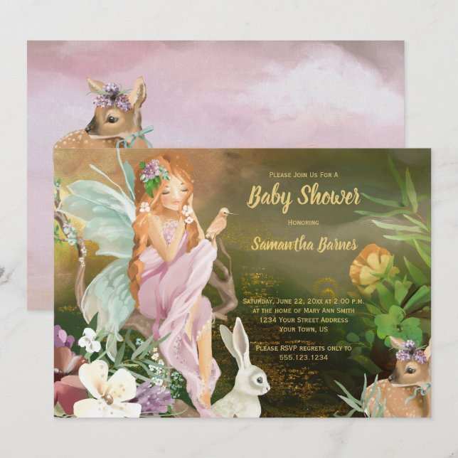 Fairies and Baby Animals Woodland Baby Shower Invitation (Front/Back)
