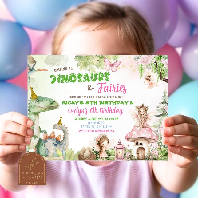 Fairies and Dinosaurs Joint Boy and Girl Birthday Invitation (Creator Uploaded)
