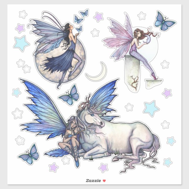 Fairies and Unicorn Stars Moon Fantasy Art Sticker (Sheet)