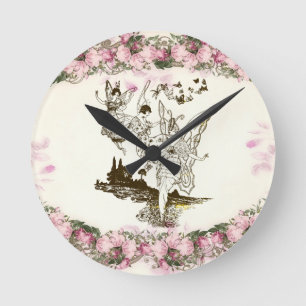 Fairies Dancing Vintage Flowers Round Clock