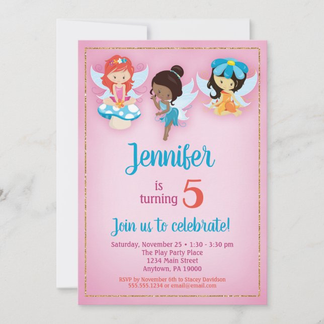 Fairies Ethnic Girls Birthday Invitation (Front)
