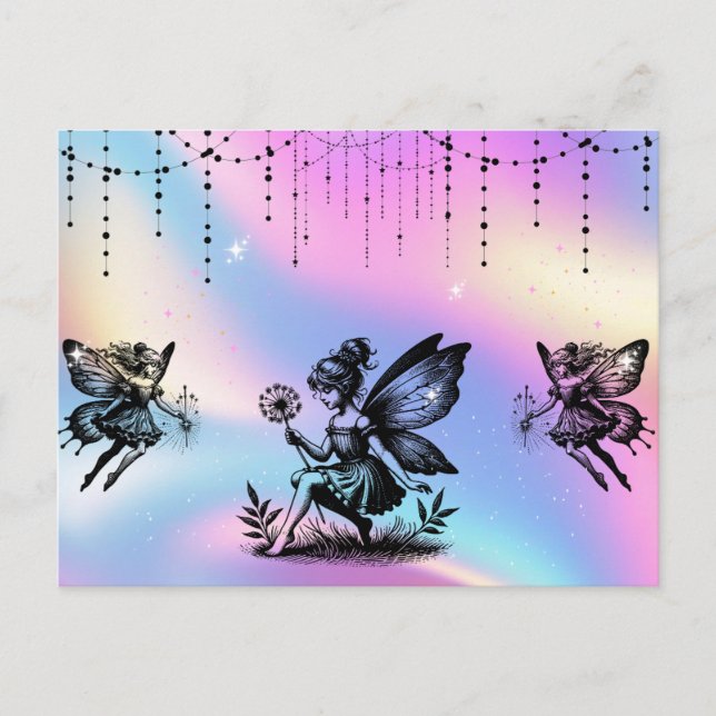 fairies in magical holographic fantasy postcard (Front)