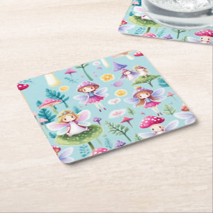 Fairies ,leaves and mushrooms land square paper coaster