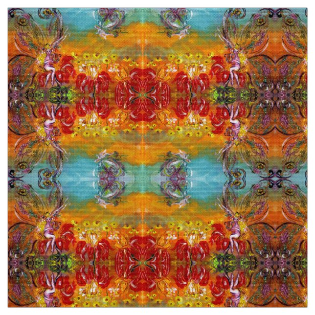 FAIRIES OF RED FLOWERS Floral Fantasy Fabric (Swatch)