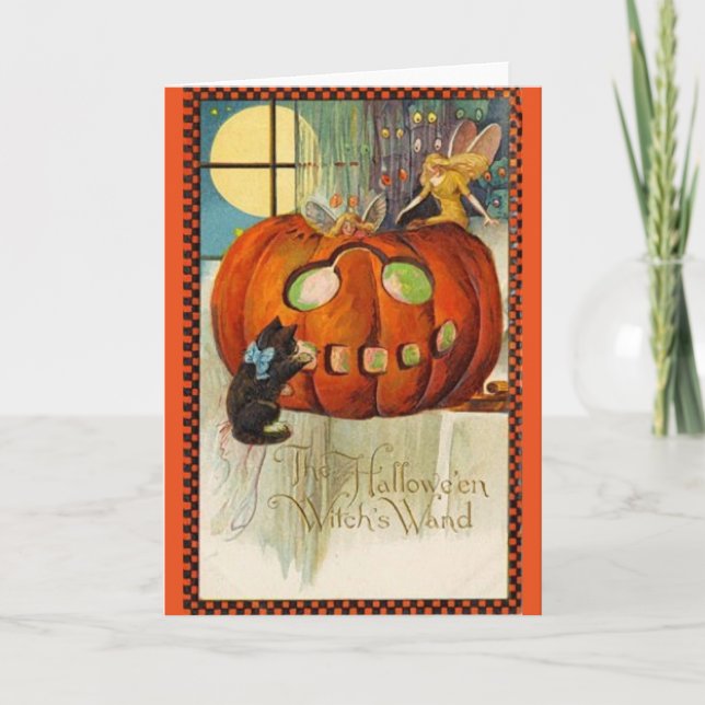 Fairies on Pumpkin Vintage Greeting Card (Front)