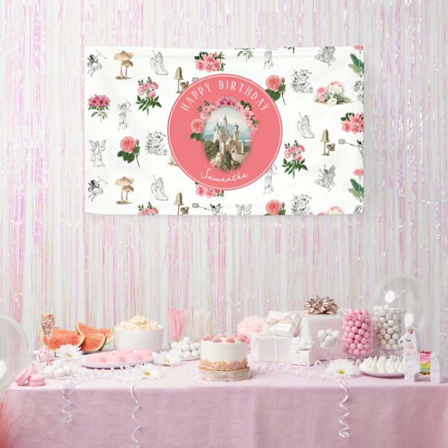 Fairies Pink Floral Mushroom Fairy Castle Birthday Banner (Party)