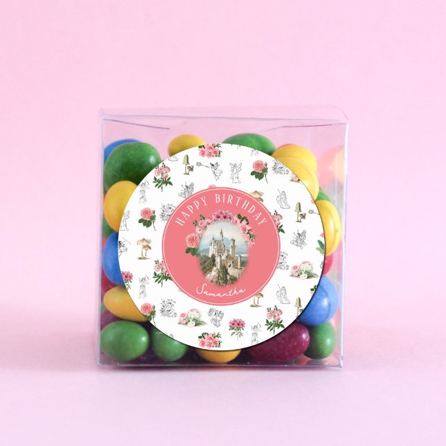 Fairies Pink Floral Mushroom Fairy Castle Birthday Classic Round Sticker (Fairies Pink Floral Mushroom Fairy Castle Birthday Classic Round Sticker)