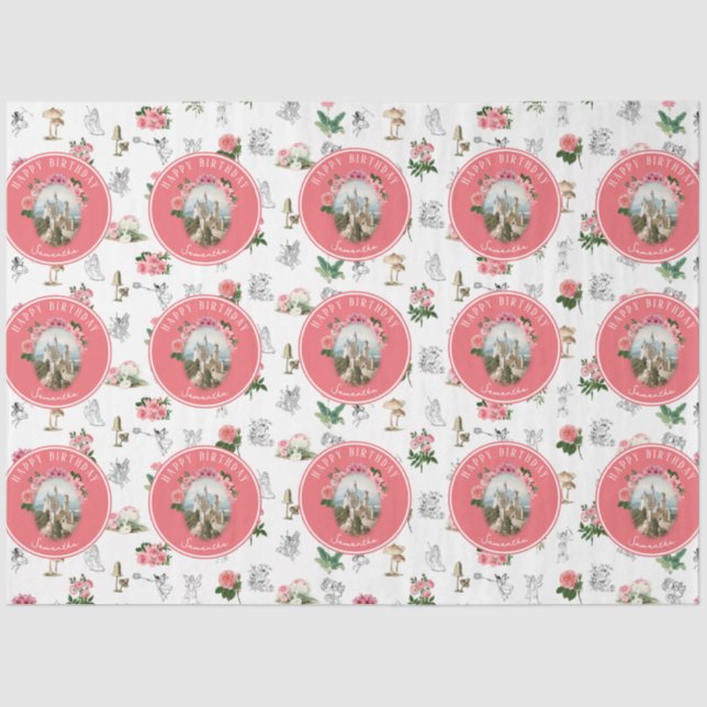 Fairies Pink Floral Mushroom Fairy Castle Birthday Tissue Paper (Front)