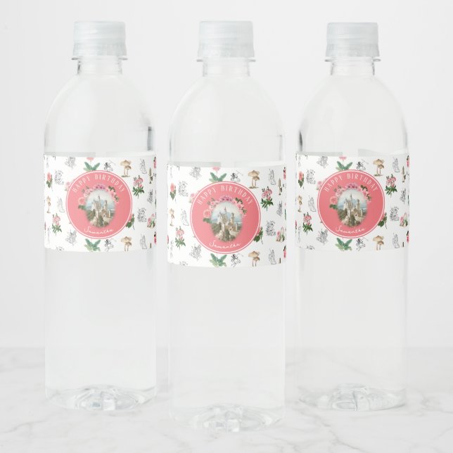 Fairies Pink Floral Mushroom Fairy Castle Birthday Water Bottle Label (Bottles)