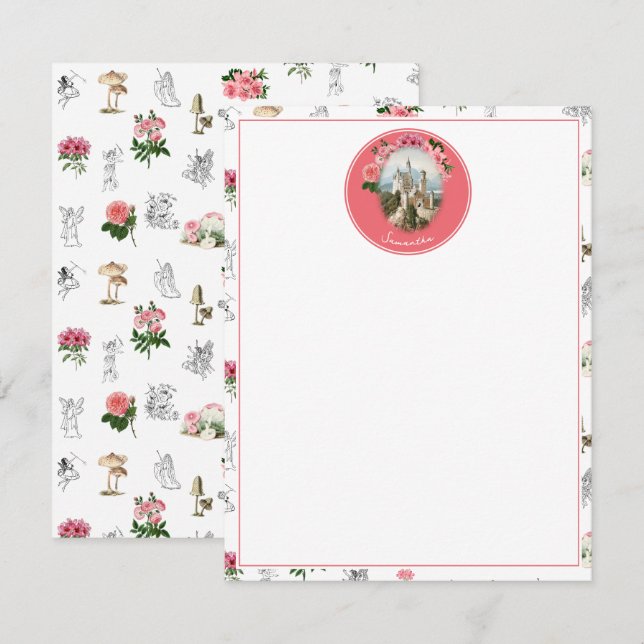 Fairies Pink Floral Mushroom Fairy Castle Monogram Card (Front/Back)