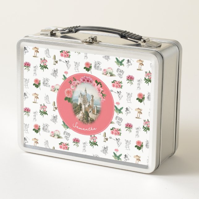 Fairies Pink Floral Mushroom Fairy Castle Monogram Metal Lunch Box (Front)