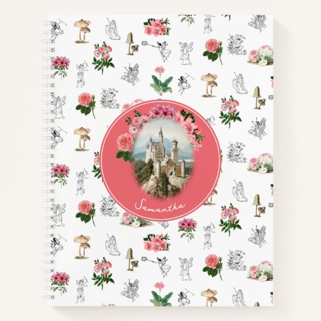 Fairies Pink Floral Mushroom Fairy Castle Monogram Notebook (Front)