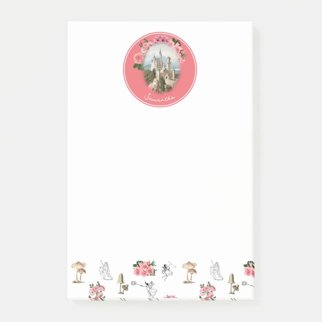 Fairies Pink Floral Mushroom Fairy Castle Monogram Post-it Notes (Front)