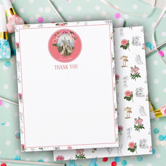 Fairies Pink Floral Mushroom Fairy Castle Monogram Thank You Card (Fairies Pink Floral Mushroom Fairy Castle Monogram Thank You Card)