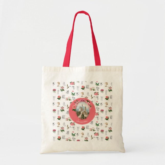 Fairies Pink Floral Mushroom Fairy Castle Monogram Tote Bag (Front)