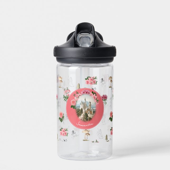 Fairies Pink Floral Mushroom Fairy Castle Monogram Water Bottle (Front)