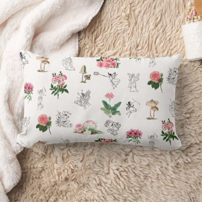 Fairies Pink Floral & Mushroom Fairy Pattern Lumbar Cushion (Blanket)