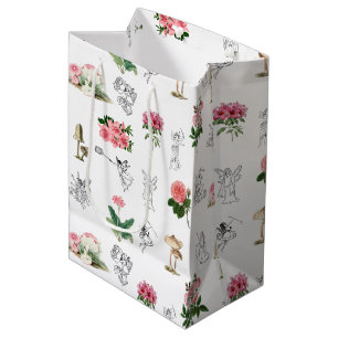 Fairies Pink Floral & Mushroom Fairy Pattern Medium Gift Bag