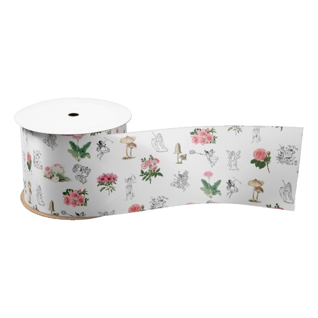 Fairies Pink Floral & Mushroom Fairy Pattern Satin Ribbon (Spool)