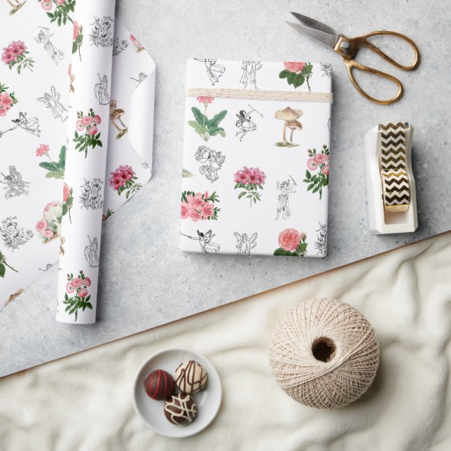 Fairies Pink Floral & Mushroom Fairy Pattern Wrapping Paper (Crafts)