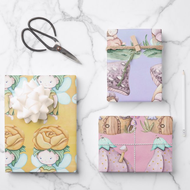 Fairies Pink Purple Yellow  Wrapping Paper (Front)