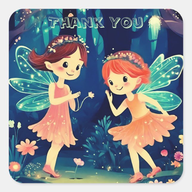 Fairies Playing In The Enchanted Forest Thank You Square Sticker (Front)