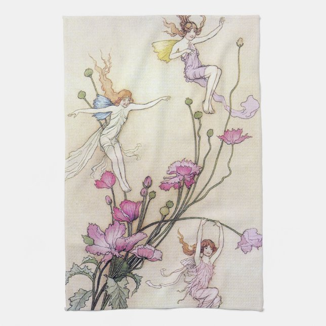 Fairies Playing on Flower Tea Towel (Vertical)