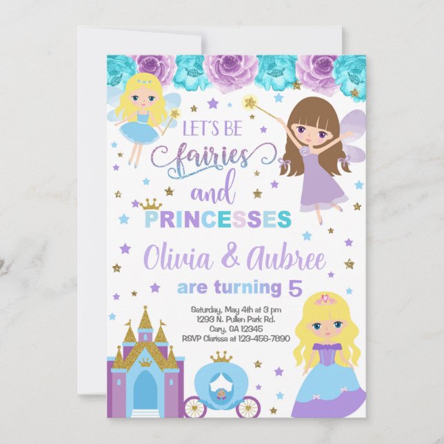 Fairies & princess girls siblings invitation. invitation (Front)