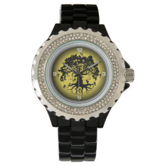 Fairies Tree Women's Rhinestone Black Enamel Watch