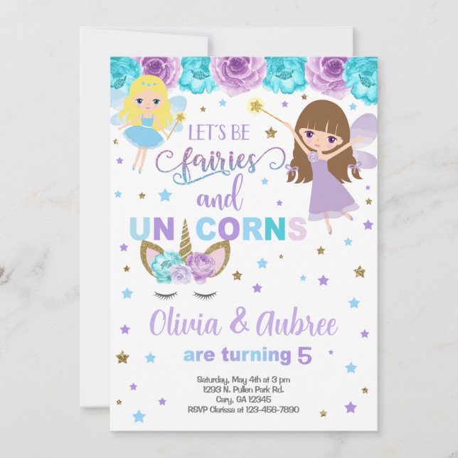 Fairies & unicorns girls siblings invitation. invitation (Front)