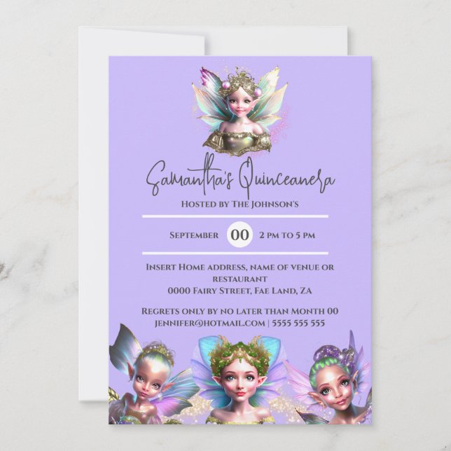 Fairies whimsical magical girls iridescent purple invitation (Front)