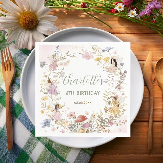 Fairies Wildflower Meadow Flowers Birthday Napkin (fairies wildflower meadow pastel soft flowers wreath birthday baby shower paper napkins serviettes)