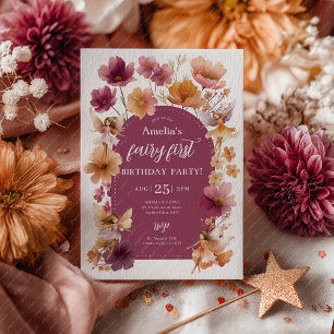 Fairy 1st Birthday Fairy Fall Burgundy Orange Invitation